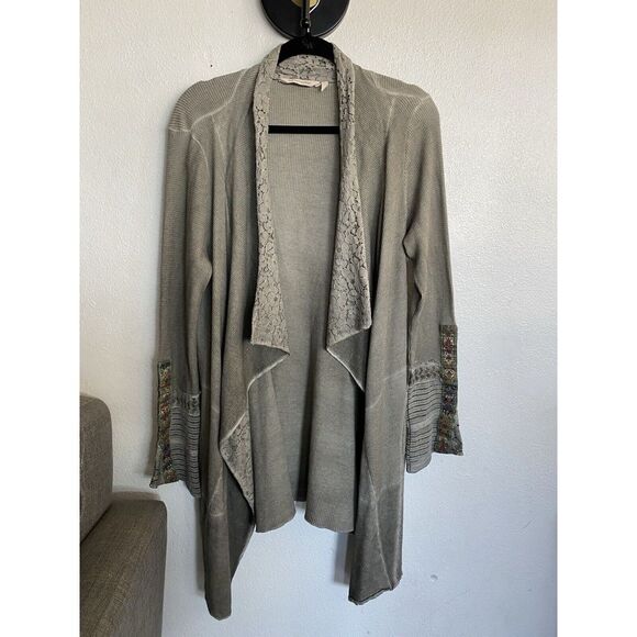 Soft Surroundings Boho Open Cardigan Green Long Sleeves Embroidered Lace M - Picture 2 of 10